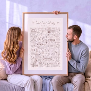 May include: A framed print titled Our Love Story featuring a detailed line art map illustration of various landmarks, cars, and icons with the names Natalie & Josh printed at the top. The artwork is presented in a light-colored wooden frame.