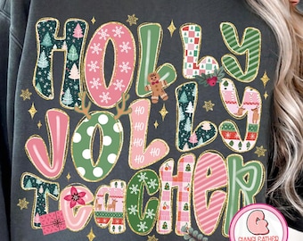 Holly Jolly Teacher Png, Coquette Floral Teacher Christmas Png, Retro Christmas teacher png, Christmas Teacher Gift Png, Watercolor Teacher
