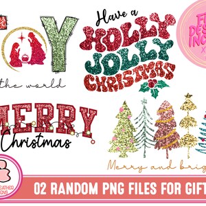 May include: Two digital files for gift giving. The files feature red, green, and gold glitter text that says "Joy to the world", "Have a Holly Jolly Christmas", and "Merry Christmas". The files also include a set of five Christmas trees with glitter accents.