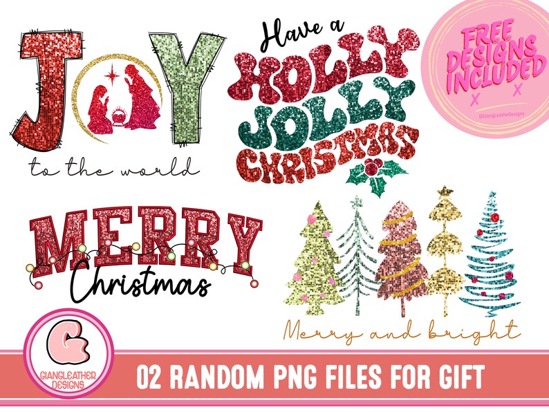 May include: Two digital files for gift giving. The files feature red, green, and gold glitter text that says "Joy to the world", "Have a Holly Jolly Christmas", and "Merry Christmas". The files also include a set of five Christmas trees with glitter accents.