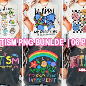 May include: A set of six digital designs featuring various autism awareness graphics. The designs include a rainbow, puzzle pieces, and the words "Autism" and "We Wear Blue for Autism Awareness".
