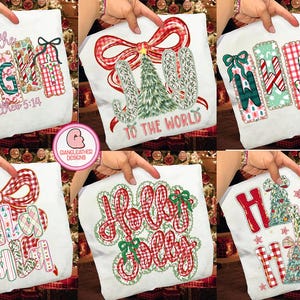 May include: White t-shirts with Christmas-themed designs. Each shirt features a different festive graphic, including text like "Light", "To the World", "Holly Jolly", and "Ho Ho Ho", along with decorative elements like bows and candy canes.