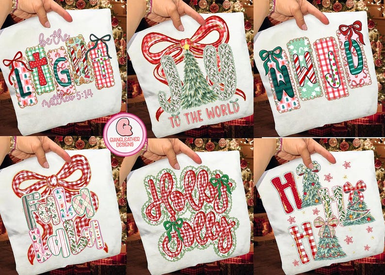 May include: White t-shirts with Christmas designs. Each shirt has a different festive graphic, including text like "Light", "To the World", "Holly Jolly", and "Ho Ho Ho", with decorative elements such as bows and candy canes.