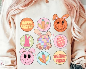 Happy easter png,smiley face bunny png,disco ball bunny png,bunny vibes png,groovy eggs png,bunny png,carrots png,retro easter png