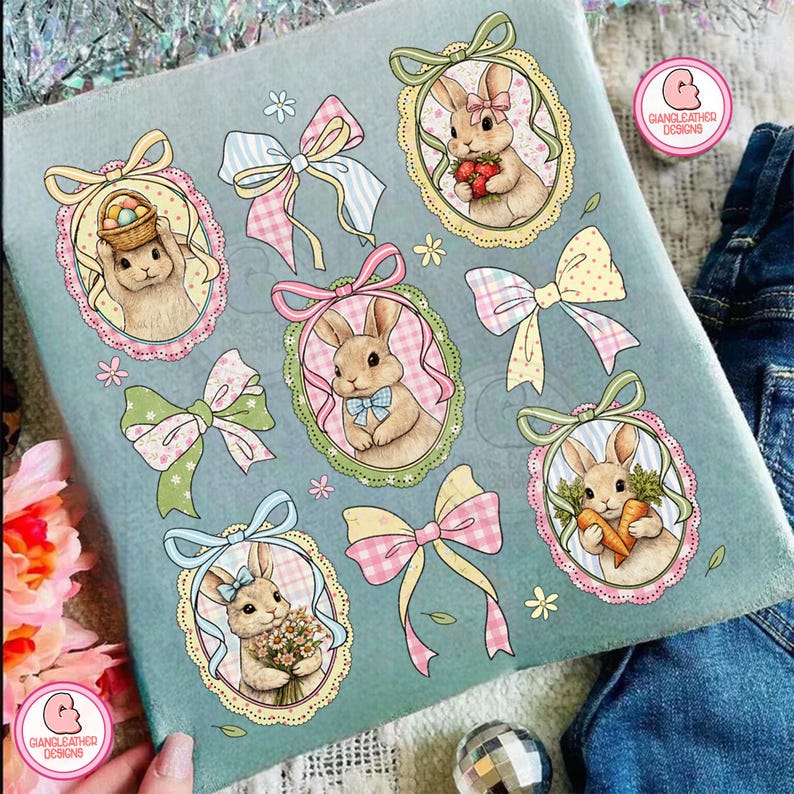 K&ouml;nnte beinhalten: Hellblauer Stoff mit Illustrationen von Hasen in ovalen Rahmen, die Karotten, Blumen und Erdbeeren halten. Pastellfarbene Schleifen und florale Akzente umgeben die Hasenportr&auml;ts. Das Design hat eine Vintage-&Auml;sthetik zum Thema Ostern.