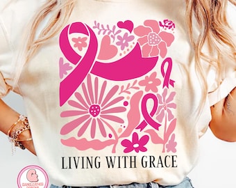 Living with grace png,Pink ribbon bow png,In October We Wear Pink png,fight like a queen png,breast cancer png,pink floral cancer png,cancer