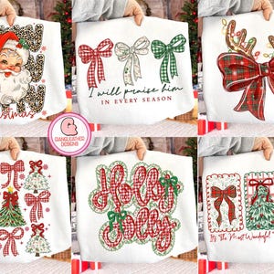 Puede incluir: Sudaderas blancas con dise&ntilde;os navide&ntilde;os. Una presenta a Pap&aacute; Noel, otra tiene lazos, y otras muestran &aacute;rboles de Navidad y frases festivas como "Holly Jolly" y "It's The Most Wonderful Time Of The Year!"
