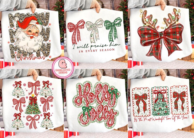 Puede incluir: Sudaderas blancas con dise&ntilde;os navide&ntilde;os. Una presenta a Pap&aacute; Noel, otra tiene lazos, y otras muestran &aacute;rboles de Navidad y frases festivas como "Holly Jolly" y "It's The Most Wonderful Time Of The Year!"
