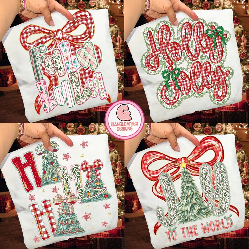 May include: Four white Christmas-themed shirts with festive designs. One shirt says "Fa La La La La" with a bow. Another says "Holly Jolly" with a green lace trim. The third says "Ho Ho Ho" with Christmas trees. The last says "Joy to the World".