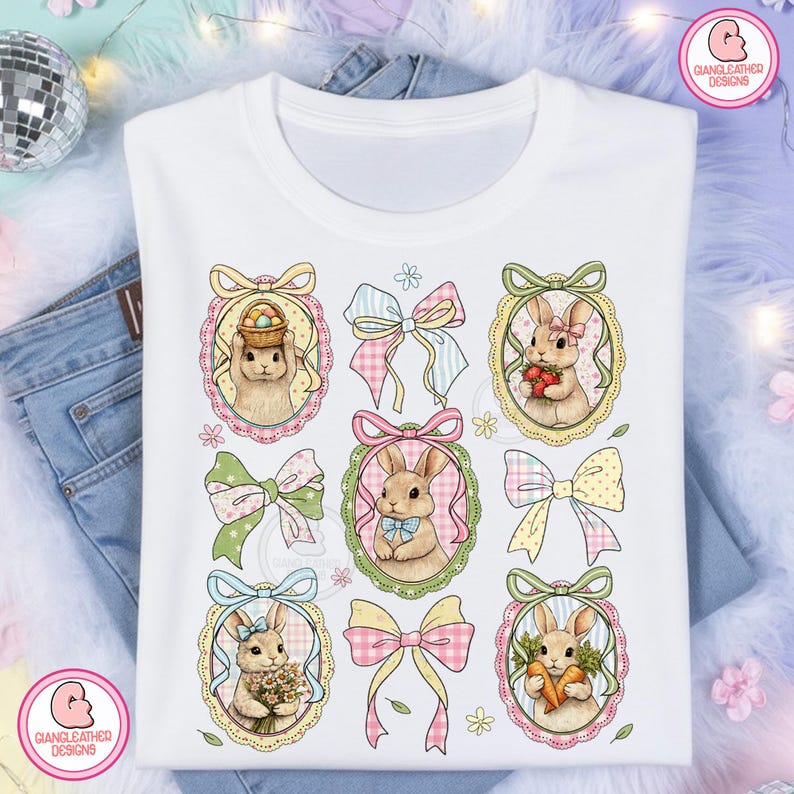 K&ouml;nnte beinhalten: Wei&szlig;es T-Shirt mit Rundhalsausschnitt und farbenfrohem Osterdesign. Das Design zeigt Hasen mit K&ouml;rben, Blumen und Karotten, umrahmt von dekorativen ovalen Bord&uuml;ren und Schleifen. Das T-Shirt tr&auml;gt den Text "GIANGLEATHER DESIGNS" auf der rechten Seite.