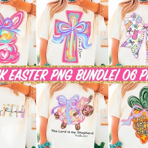May include: A set of six digital designs featuring pink Easter-themed graphics. The designs include a bunny, a cross with a bow, a bow with pastel Easter eggs, a text graphic that says "He is Risen", a lamb with a bow, and a carrot with a bow and the text "Happy Easter".