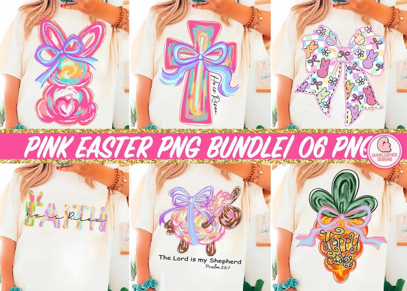 May include: A set of six digital designs featuring pink Easter-themed graphics. The designs include a bunny, a cross with a bow, a bow with pastel Easter eggs, a text graphic that says "He is Risen", a lamb with a bow, and a carrot with a bow and the text "Happy Easter".