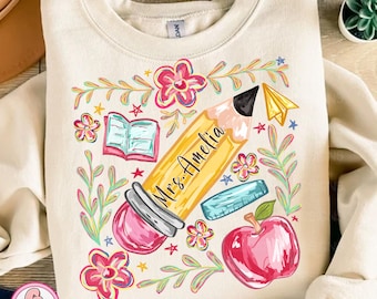 Custom name Teacher Png, Floral Teacher Pencil PNG, Teacher Back To School Png, 1st Day Of School Png, Boho Floral Teacher Png, Brushstroke