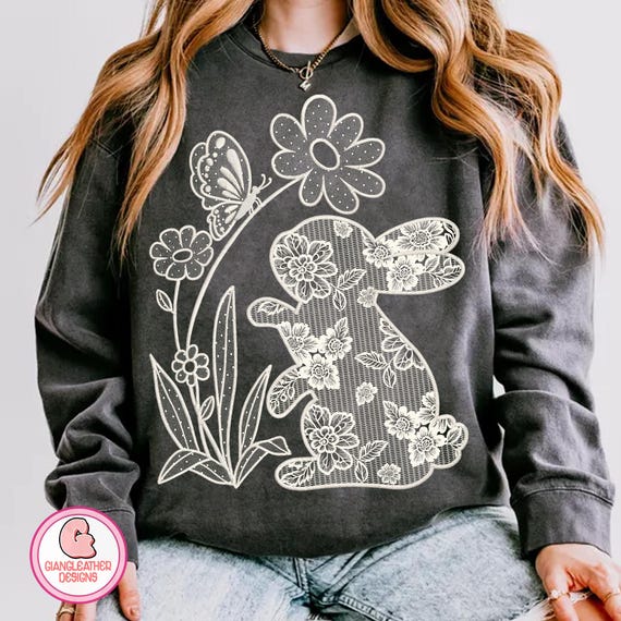 Lace bunny with floral png, Hand drawn Lace bunny png, lace easter png, easter png, coquette bunny png, bunny png, floral bunny png, spring