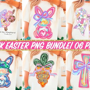 May include: A set of six digital designs featuring pink Easter-themed illustrations. The designs include a bunny, a cross, a lamb, a carrot, and a bow. The designs are perfect for creating t-shirts, tote bags, and other crafts.