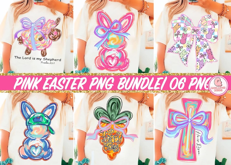 May include: A set of six digital designs featuring pink Easter-themed illustrations. The designs include a bunny, a cross, a lamb, a carrot, and a bow. The designs are perfect for creating t-shirts, tote bags, and other crafts.