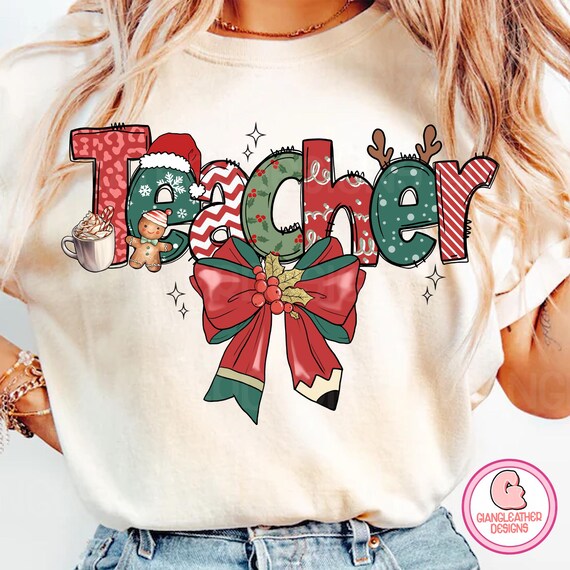 Christmas teacher png, teacher Coquette Christmas Png, pencil coquette bow png, Christmas Png, Retro Christmas Png, christmas pencil png