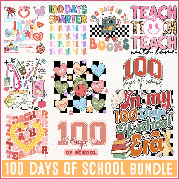 Retro 100 days of school png bundle,100 days of books png,100 days candy hearts png,teach with love png,in my 100 days of school era png