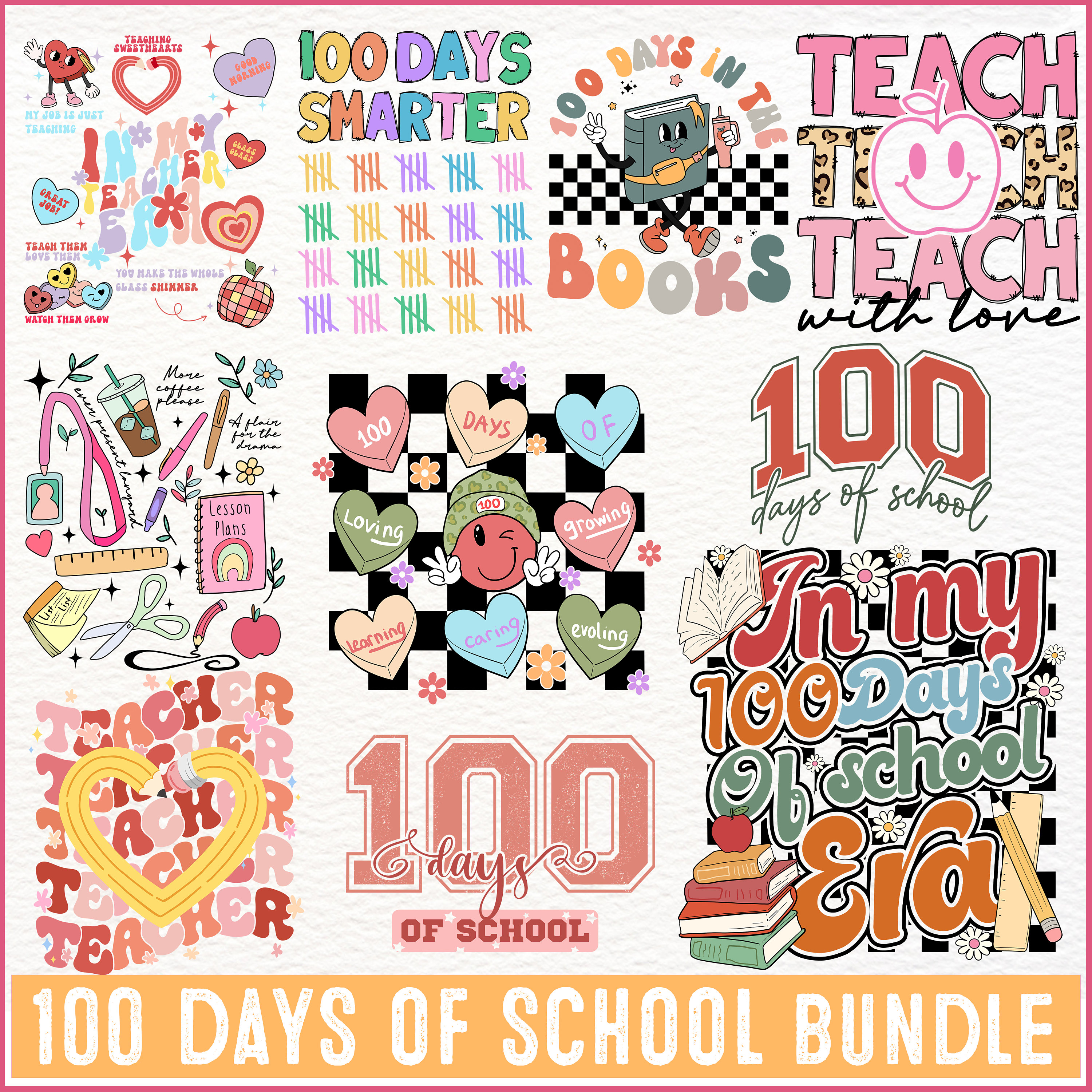 Retro 100 days of school png bundle,100 days of books png,100 days candy hearts png,teach with love png,in my 100 days of school era png