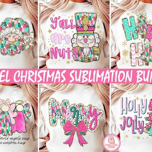 Könnte beinhalten: Ein Set mit sechs Sublimationsdesigns mit pastellfarbenen Weihnachtsmotiven. Die Designs beinhalten einen Nussknacker, einen Weihnachtsbaum, Engel und die Worte "Ho Ho Ho", "Y'all are Nuts", "Merry" und "Holly Jolly".