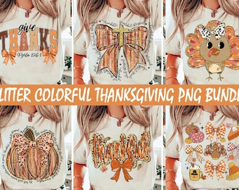 Glitter colorful thanksgiving coquette png bundle, thankful png, Thanksgiving png, pumpkin season png, Coquette Bow Fall Vibes, brushstroke
