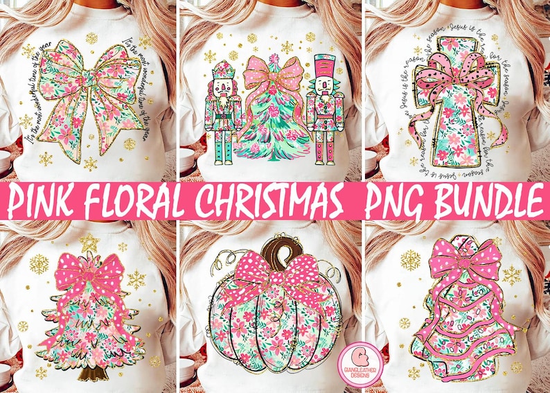 Pink Floral Christmas Coquette Png Bundle, Pink Green Brushstroke Merry