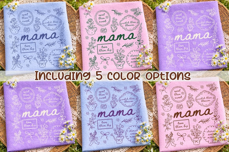 May include: A collection of five colorful decorative towels, each featuring the word "mama" in cursive, surrounded by floral illustrations and text. The towels are in shades of blue, pink, and purple, with the text "Including 5 COLOR OPTIONS" at the bottom.