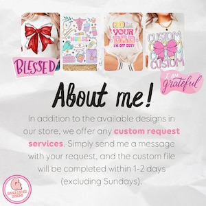 May include: The image showcases four designs on white shirts and a baby onesie. The designs include a red bow, nurse-themed graphics, the text "Go ask your Dad I'm off duty," and a pink bow with the word "Custom." The text "About me!" is also visible.