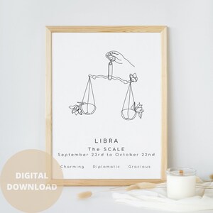 LIBRA Zodiac Digital Download Wall Art Print, Line Art, Minimalistic, Modern, Horoscope Print, Astrology Air Sign Constellation Poster