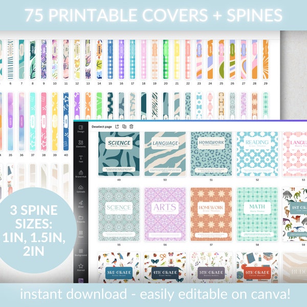 Editable Binder Cover and Spine Set of 75, Personalized Binder Cover Printable, Back to School Binder Cover, Binder Cover Digital Templates