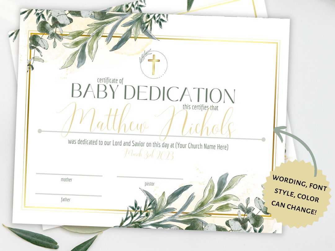 Editable Baby Dedication Certificate Template Baptism Etsy