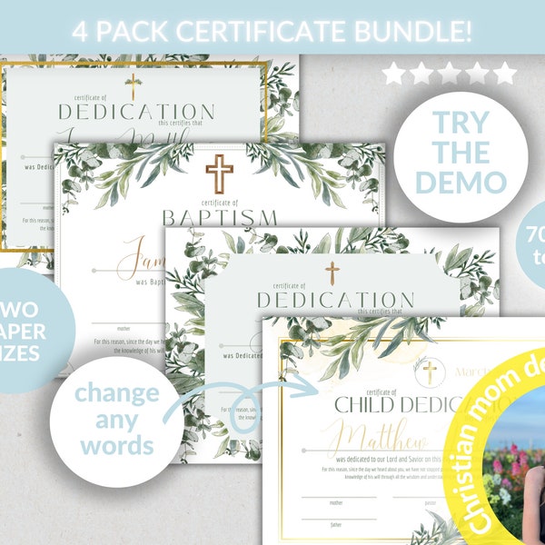 Child Dedication Certificate Bundle, Editable Baby Dedication Certificate Set of 4, Printable Baptism Certificate, A4 11x8.5in Template