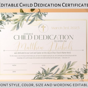Plantilla de certificado de dedicación de niño, Certificado editable para dedicación de niño, Certificado de 11 x 8,5 pulgadas para dedicación de bebé, bautismo