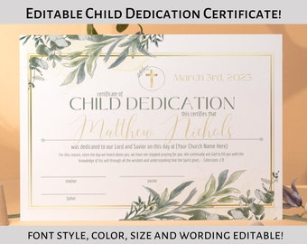 Child Dedication Certificate Template, Editable Certificate for