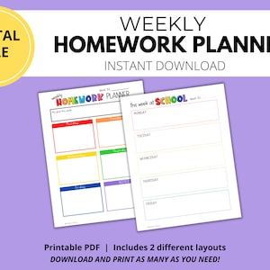 May include: Two printable homework planner templates. The first template is titled "Weekly Homework Planner" and has a colorful design with six boxes for each day of the week. The second template is titled "This Week at School" and has a colorful design with five boxes for each day of the week. Both templates are in PDF format and can be downloaded and printed.