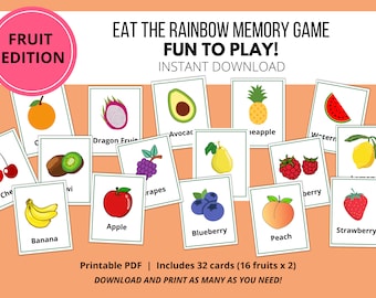 May include: A printable PDF memory game featuring 16 different fruits, each with a colorful illustration. The game includes 32 cards, with two cards for each fruit. The title of the game is "Eat the Rainbow Memory Game Fun to Play! Instant Download".