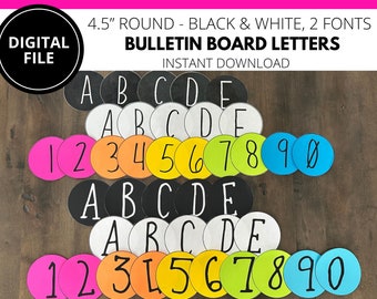 May include: A set of 4.5 inch round black and white bulletin board letters and numbers. The letters and numbers are in two different fonts. The letters are A, B, C, D, and E. The numbers are 1, 2, 3, 4, 5, 6, 7, 8, 9, and 0.