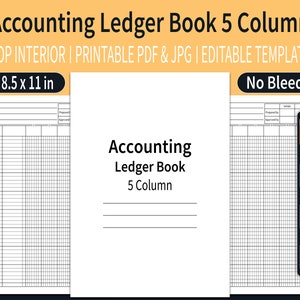 Accounting Ledger Book 5 Column KDP Interior | 5 Column Ledger Book | Editable Template | Size 8.5&quot;x11&quot; inches | Ready To Upload PDF