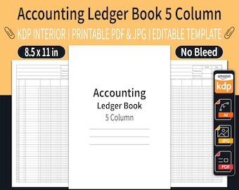 Accounting Ledger Book 5 Column KDP Interior | 5 Column Ledger Book | Editable Template | Size 8.5"x11" inches | Ready To Upload PDF