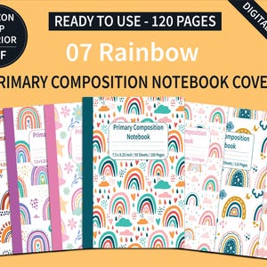 Puede incluir: Un conjunto de 7 portadas de cuaderno imprimibles con un patrón de arcoíris con nubes, corazones y gotas de lluvia. Las portadas están diseñadas para cuadernos de composición primaria y miden 19,05 x 23,5 cm.