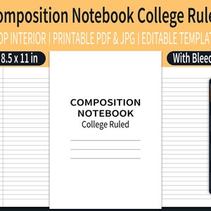 Pode incluir: Um modelo de caderno de composição imprimível com linhas de régua universitária. O modelo mede 8,5 x 11 polegadas e inclui uma área de sangramento. O modelo está disponível nos formatos PDF, JPG e AI.