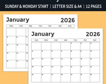 2026 Monthly Calendar Printable, Monthly Planner Landscape, Minimal Monthly Calendar, Monday Sunday Start, A4/Letter Size, Instant Download