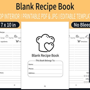 Puede incluir: Una plantilla de libro de recetas imprimible en blanco y negro con un icono de gorro de cocinero y corazón. La plantilla mide 17,8 cm por 25,4 cm e incluye espacio para el nombre de la receta, los ingredientes, las instrucciones y las notas. La plantilla también incluye una sección para el tiempo de cocción, el tiempo de preparación y las porciones. La plantilla está diseñada para su uso con Amazon Kindle Direct Publishing (KDP).