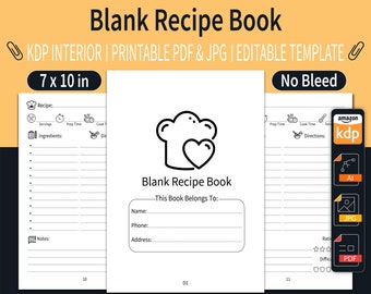 Blank Recipe Book KDP Interior | 7x10 in, Editable (PDF)
