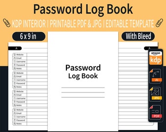 Password Log Book KDP Interior | Password Tracker | Password Organizer | Editable KDP Interior | Size 6"x9" Inches | Ready To Upload PDF