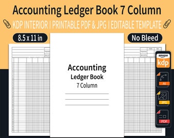 Accounting Ledger Book 7 Column KDP Interior | 7 Column Ledger Book | Editable Template | Size 8.5"x11" inches | Ready To Upload PDF
