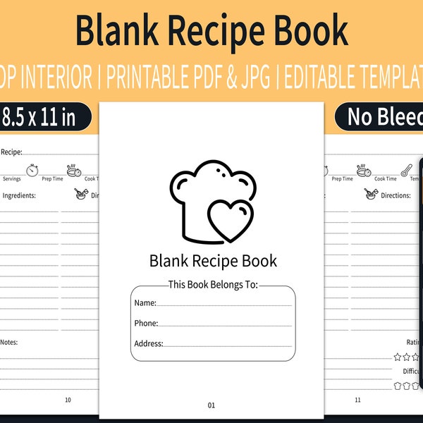 Blank Recipe Book KDP Interior | Blank Recipe Journal | Empty Cookbook | Editable Template | Size 8.5"x11" inches | Ready To Upload PDF