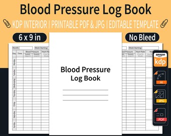 Blood Pressure Log Book KDP Interior | Blood Pressure Tracker | Editable KDP Interior | Size 6"x9" Inches | Ready To Upload PDF