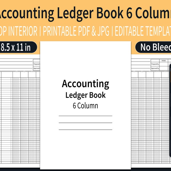 Accounting Ledger Book 6 Column KDP Interior | 6 Column Ledger Book | Editable Template | Size 8.5"x11" inches | Ready To Upload PDF