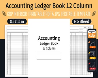 Accounting Ledger Book 12 Column KDP Interior | 12 Column Ledger Book | Editable Template | Size 8.5"x11" inches | Ready To Upload PDF